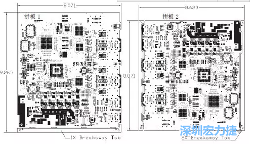 如圖7所示是使用不同數(shù)量邊條的拼板，拼板1僅使用了一個(gè)邊條，直接利用PCB另一邊作為SMT工藝傳送邊，并且PCB圖形中有合適的安裝孔；而拼板2則是按常規(guī)設(shè)計(jì)了兩個(gè)邊條。拼板方式為連接筋。圖中“Breakaway Tab”指邊條-深圳宏力捷