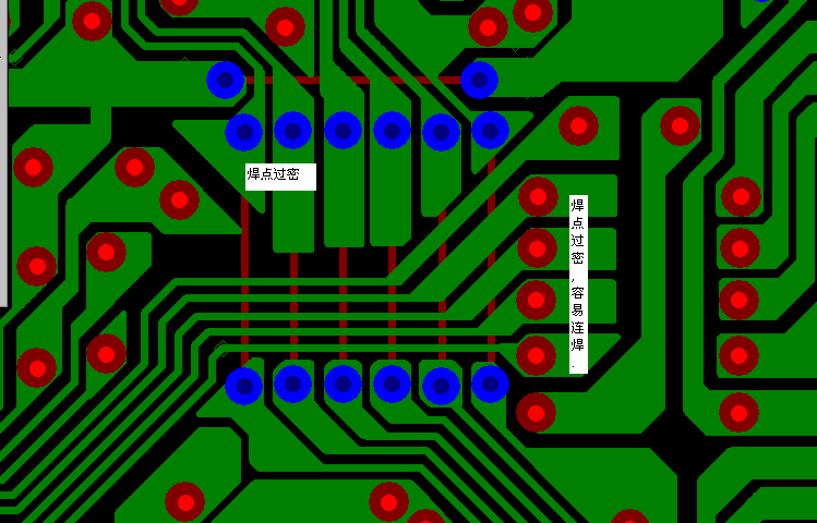 PCB設(shè)計焊點(diǎn)過密，易造成波峰連焊，焊點(diǎn)間漏電