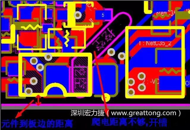 如果碰到模塊PCB空間有限，爬電距離不夠，可以采用開槽的方式