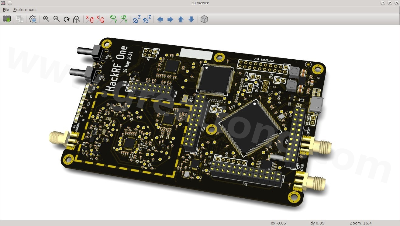 經(jīng)KiCad軟體3D功能渲染過的HackRF One電路板。