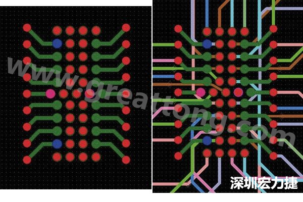 圖7：焊盤內(nèi)過孔用于內(nèi)部，而外部接腳在0.5mm閘格上扇出。圖7a顯示的是頂層(左)；圖7b顯示頂層和內(nèi)部布線層(右)。