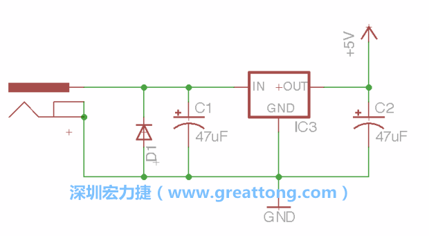 新增RBBB→Power_Jack，將它放在電壓調(diào)整器的輸入端旁邊。