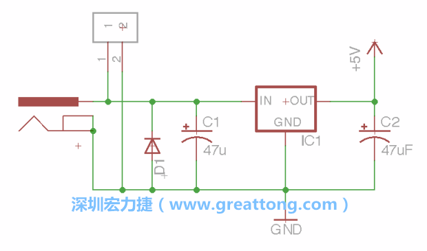 2.5.    新增一個二極體，它會以水平的狀態(tài)出現(xiàn)在屏幕上，請使用「旋轉(zhuǎn)（Rotate）」工具把它負(fù)極那一面朝上，并且用「網(wǎng)絡(luò)連接」工具將它連接在電壓調(diào)整器的輸入端和接地端之間。