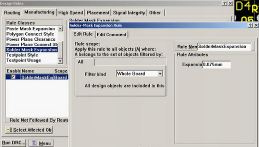 5. 而對(duì)于阻焊的調(diào)整則可以通過按D、R調(diào)出[Manufacturing]制作設(shè)計(jì)規(guī)則的[Solder-Mask Expansion Rule]設(shè)置項(xiàng)直接設(shè)定單邊放大值