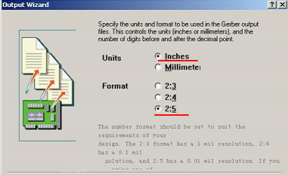 在上圖中選擇“Inches 2：5”，以確保資料精度，反之線寬、線距或孔有偏移現(xiàn)象