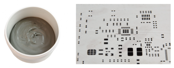 焊膏（左），PCB模板激光切割孔（右）